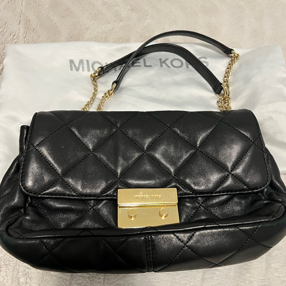 Michael Kors Quilted Black Leather Shoulder Bag with Gold Accents